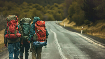 Four hikers on an empty road, enveloped by nature's vastness, demonstrate ambition and freedom