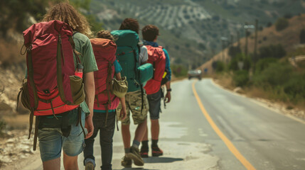 A group of four young backpackers with colorful backpacks hike on a sunny, rural road, showcasing a sense of adventure and friendship