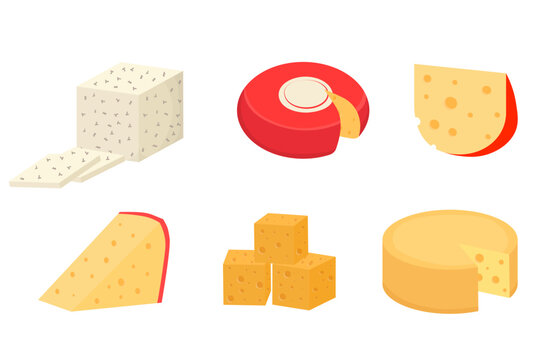 Set of cheese parts and slices isolated on a white background. Cheese flat icon. Vector Head of cheese in flat style isolated on white background
