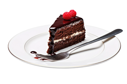 Chocolate Cake on Plate With Fork. On a Clear PNG or White Background.