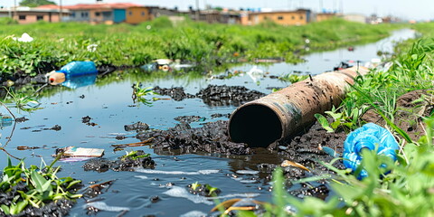waste pours out of a pipe into a clean river, nature pollution, damage to nature