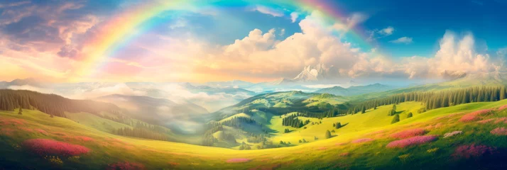 Selbstklebende Fototapeten A dreamy landscape with rainbows arching over rolling hills and blooming meadows, © Maximusdn