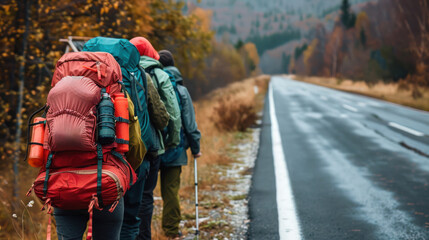 A group of young travelers with oversized backpacks walking on a rainy road through an autumn forest