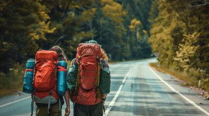 A group of travelers with oversized backpacks walking along a road surrounded by a lush green forest