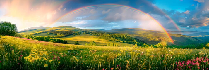 A dreamy landscape with rainbows arching over rolling hills and blooming meadows,