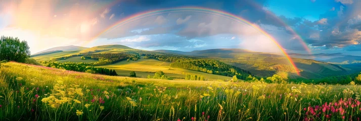 Fotobehang A dreamy landscape with rainbows arching over rolling hills and blooming meadows, © Maximusdn