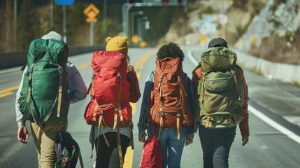 Diverse friends carrying backpacks on a road trip on a bright, sunny day with a blurred face to ensure privacy