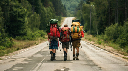 Two travelers with large backpacks on a secluded road amidst rich forestry, conveying a sense of adventure