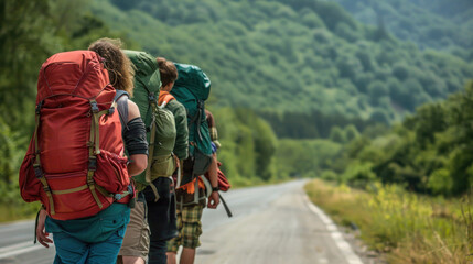 A group of friends with backpacks hike along a road with beautiful green hills in the background, suggesting adventure and nature exploration