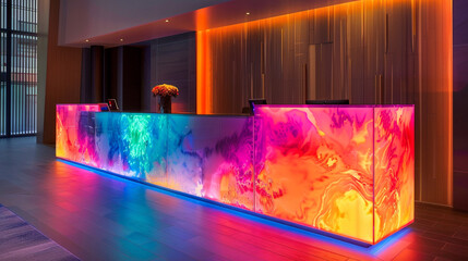 A vibrant lobby ambiance with LED-illuminated reception desk panels cycling through hues, transforming the space into a mesmerizing oasis.