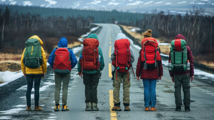 A group in vibrant winter gear walking on a snowy road, depicting cold weather adventures and teamwork