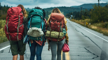 Three friends with large backpacks embarking on an adventure down a quiet rural road, surrounded by lush landscapes and an overcast sky