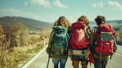 Three explorers with large backpacks trek on a scenic road, with vibrant autumn vegetation and mountains