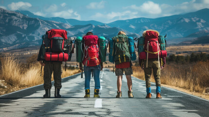 Group of four hikers with vibrant backpacks walking on a desolate highway towards towering mountains