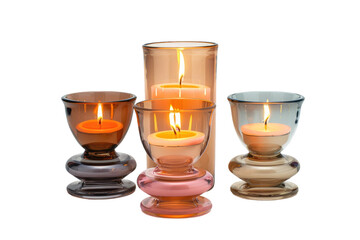 Three Glass Candles Arranged in a Row. On a Clear PNG or White Background. - obrazy, fototapety, plakaty