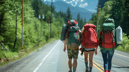 Two travelers with backpacks walking on a sunlit rural road surrounded by beautiful mountains and greenery