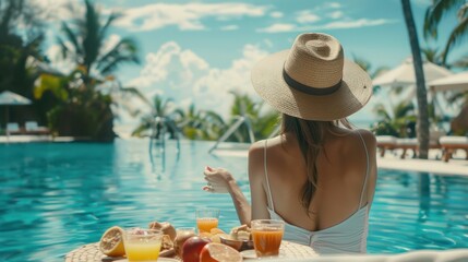 Healthy woman on swimming pool in luxurious tropical resort with have various food and drinks on table, 