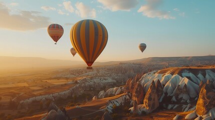 Hot air balloons flying over open Field - obrazy, fototapety, plakaty