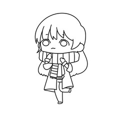 A girl is wearing a scarf and looking down. She is wearing a white shirt and a black scarf