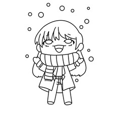 A girl is wearing a scarf and smiling. She is standing in the snow. The image is of a cartoon character