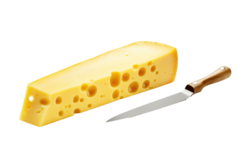 A Piece of Cheese and a Knife on a White Background. On a Clear PNG or White Background.