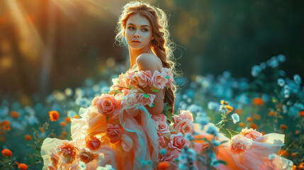 Enchanted Bloom - A Woman Amidst a Sea of Flowers at Sunset