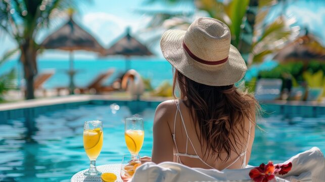 Healthy woman on swimming pool in luxurious tropical resort with have various food and drinks on table,