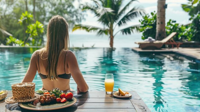 Healthy woman on swimming pool in luxurious tropical resort with have various food and drinks on table,