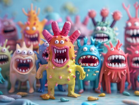 Illustrate a 3D representation of bacteria characters forming alliances with fluoride warriors to strengthen tooth enamel, showcasing the benefits of fluoride for dental health, vibrant color