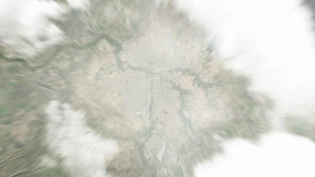 Earth zoom in from space to Al `Amarah, Iraq. Followed by zoom out through clouds and atmosphere into space. Satellite view. Travel intro. Images from NASA