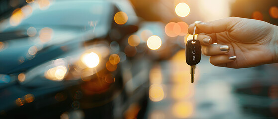 A person is holding a car key in their hand. The image has a blurry background and a yellowish tint, giving it a dreamy and nostalgic feel