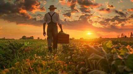 Fototapeta premium Man in a rural field with a vegetable box at sunset represents country life food 