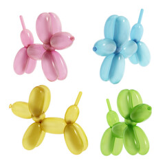 Balloon dogs with various color options isolated on transparent background. 3D illustration