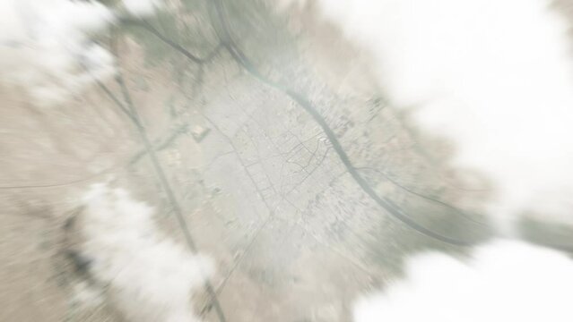 Earth zoom in from space to Al Basrah, Iraq. Followed by zoom out through clouds and atmosphere into space. Satellite view. Travel intro. Images from NASA