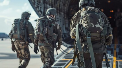 Obraz premium Paratroopers soldiers go to military transport plane 