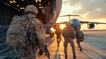 Paratroopers soldiers go to military transport plane 