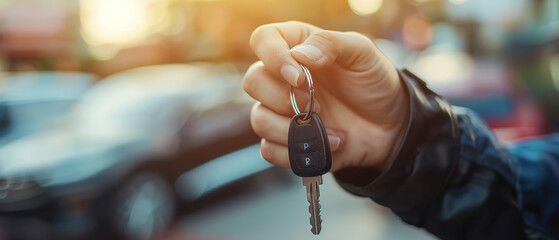 A person is holding a car key in their hand. The key is black and shiny