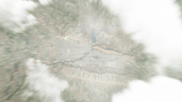 Earth zoom in from space to Dahuk, Iraq. Followed by zoom out through clouds and atmosphere into space. Satellite view. Travel intro. Images from NASA