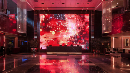Art and tech merge at the lobby reception, featuring an interactive LED display responding to guests' movements, creating a captivating spectacle. - obrazy, fototapety, plakaty