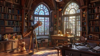 A secluded study tucked away in a tower, shelves lined with ancient scrolls and a telescope pointed towards the heavens through a leaded glass window. - obrazy, fototapety, plakaty