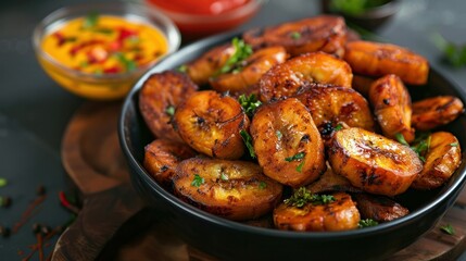 Ripe fried African plantain - local staple food served as meals with sauce or as a side dish in Nigeria, 