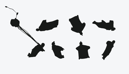 silhouette set of wingsuit flying, sky dive, extreme sport. vector illustration.