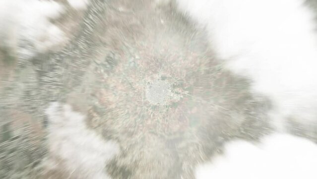 Earth zoom in from space to Idlib, Syria. Followed by zoom out through clouds and atmosphere into space. Satellite view. Travel intro. Images from NASA