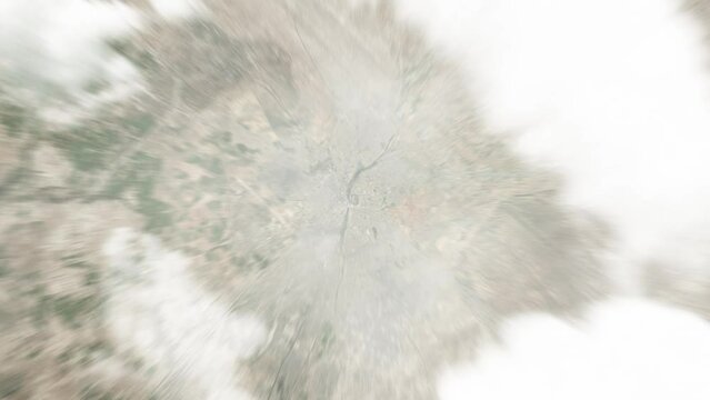 Earth zoom in from space to Kirkuk, Iraq. Followed by zoom out through clouds and atmosphere into space. Satellite view. Travel intro. Images from NASA