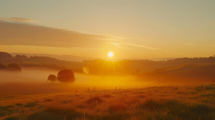 Golden Sunrise Over Misty Countryside Hills