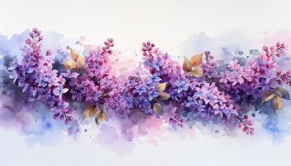 Beautiful Watercolor Painting of Purple Lilac Flowers Blooming on a White Background with Delicate Watercolor Effect