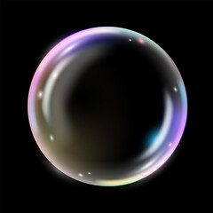 3d vector glass bubble shape liquid abstract, fluid with holographic effect. Sphere Render of transparent glass object, soap water bubble with reflection isolated on black background