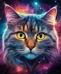 An ethereal cat with a galaxy backdrop radiates a regal presence. Its eyes, bright as stars, captivate with an otherworldly charm and mystery. AI generation AI generation