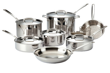 Set of Stainless Steel Pots and Pans. On a Clear PNG or White Background.