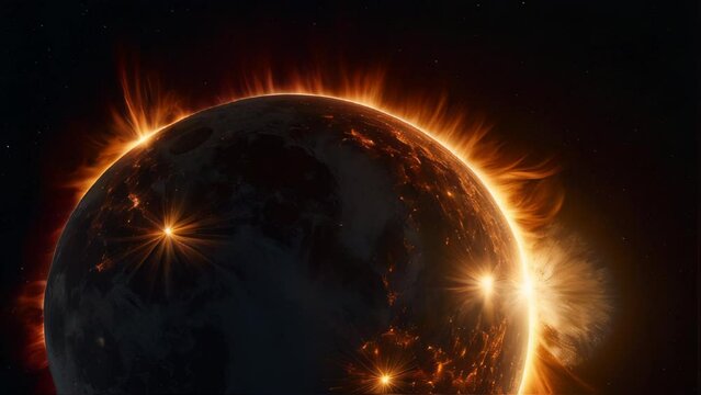 Planet Earth ablaze with intense solar flares. Generative AI Video. ProRes LT 59.94 FPS available in 4K 16:9.